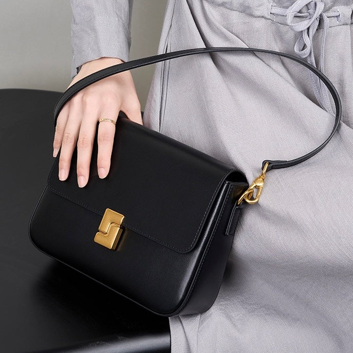 Women's Genuine Leather Shoulder Box Bag with Adjustable Crossbody Strap