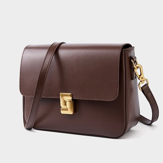 Women's Genuine Leather Shoulder Box Bag with Adjustable Crossbody Strap