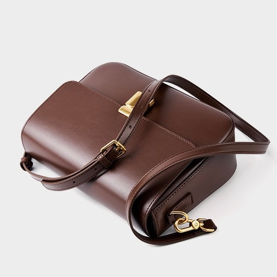 Women's Genuine Leather Shoulder Box Bag with Adjustable Crossbody Strap