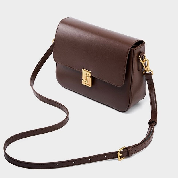 Women's Genuine Leather Shoulder Box Bag with Adjustable Crossbody Strap