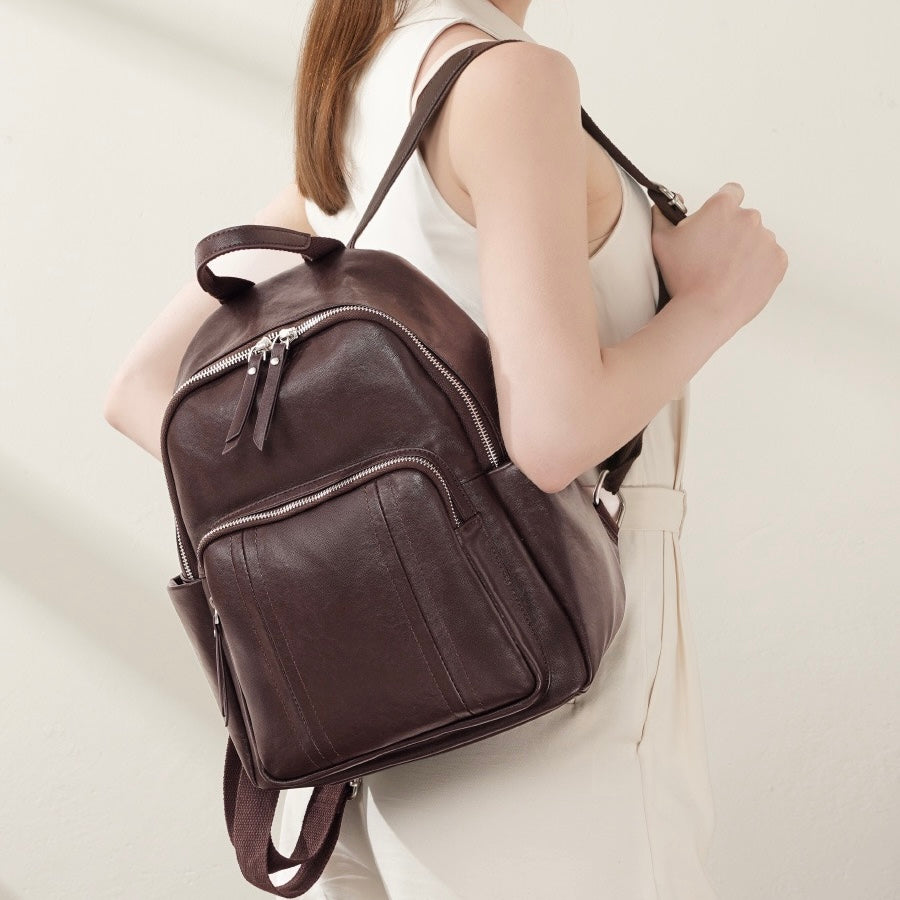 Women's Genuine Leather Large Capacity Backpack with Multiple Pockets