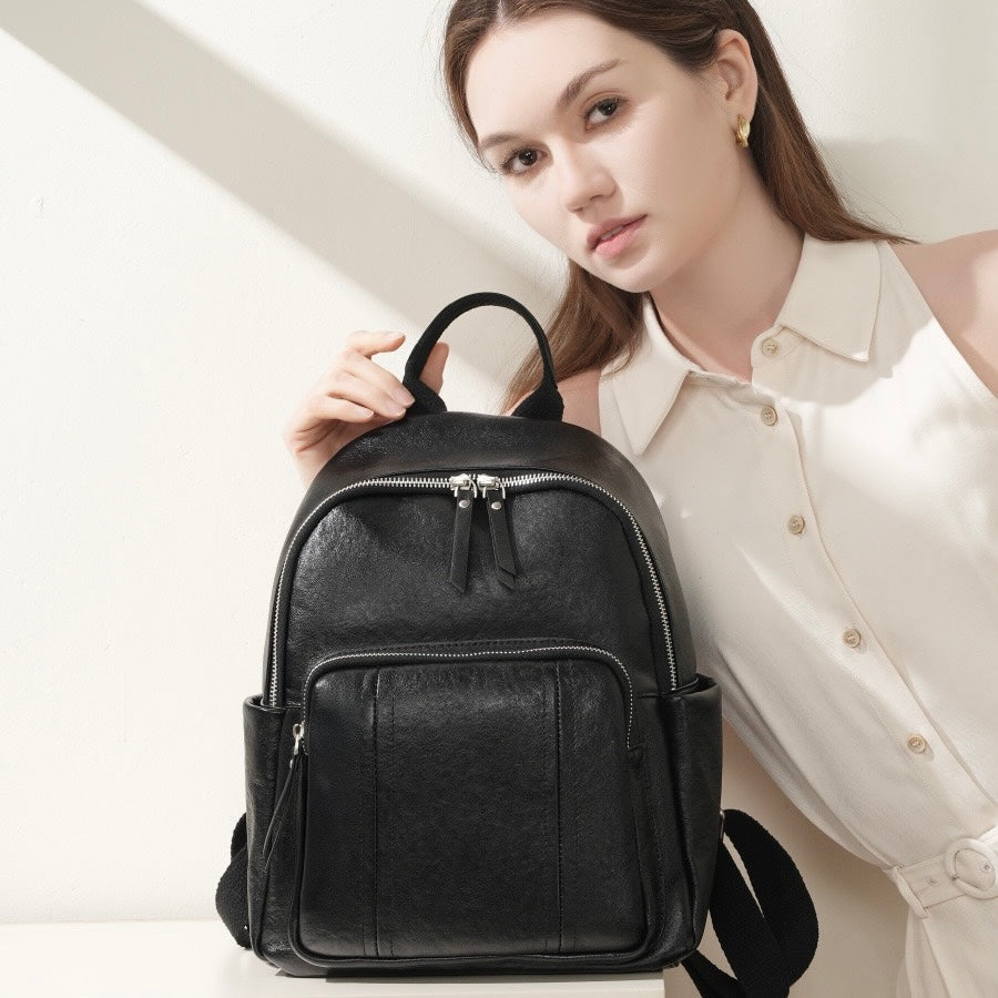 Women's Genuine Leather Large Capacity Backpack with Multiple Pockets