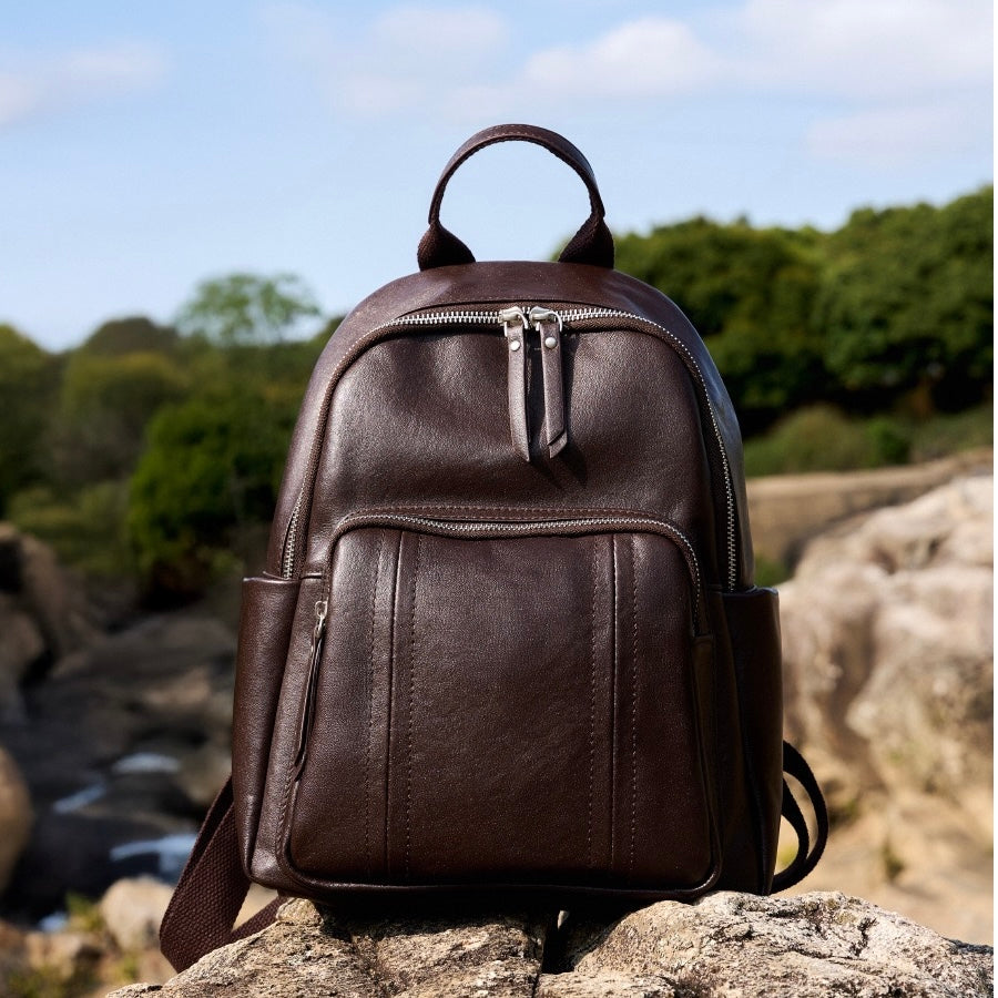 Women's Genuine Leather Large Capacity Backpack with Multiple Pockets