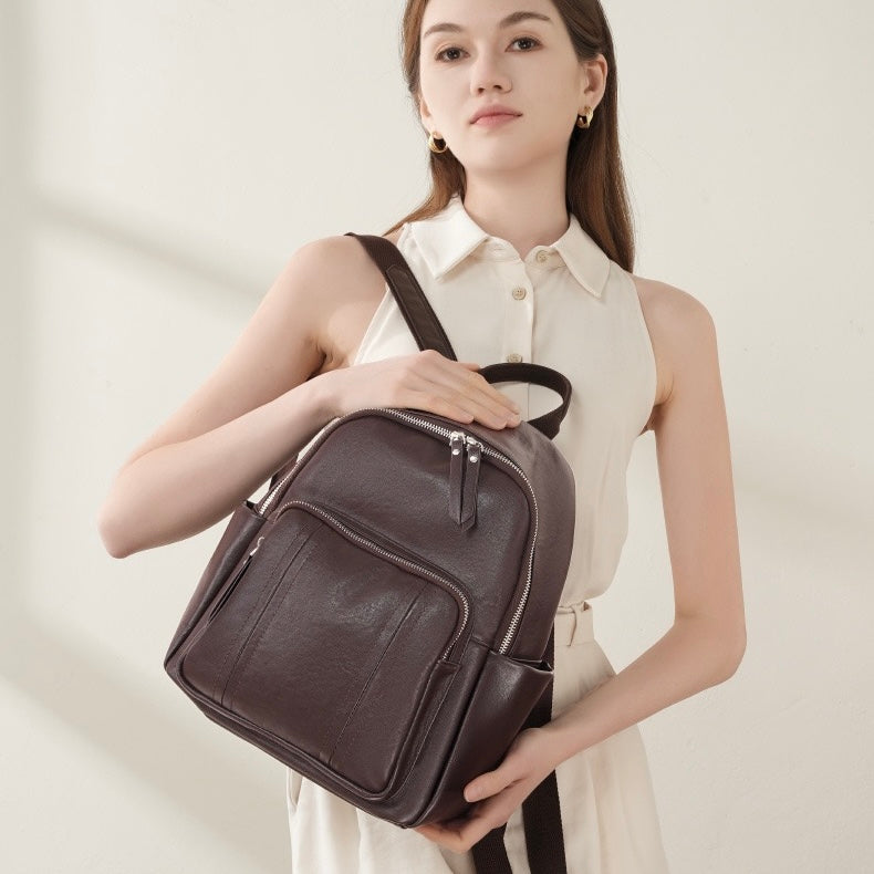 Women's Genuine Leather Large Capacity Backpack with Multiple Pockets