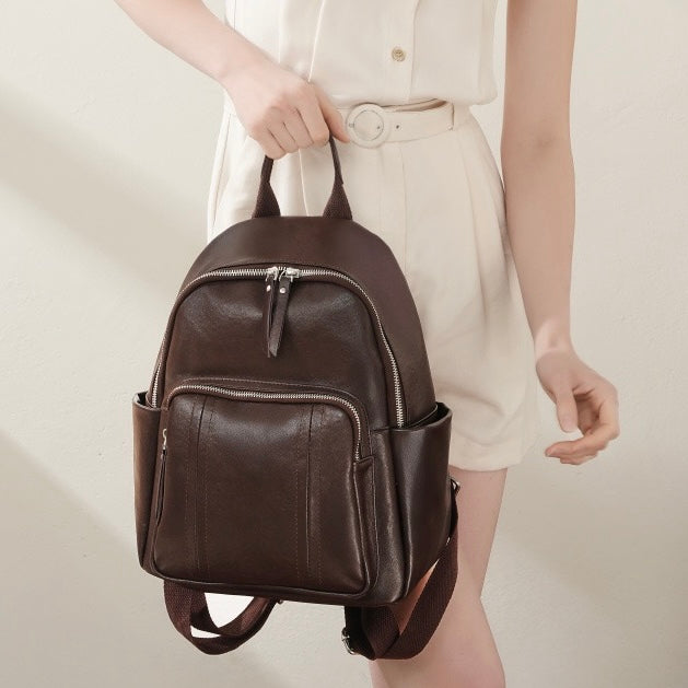 Women's Genuine Leather Large Capacity Backpack with Multiple Pockets