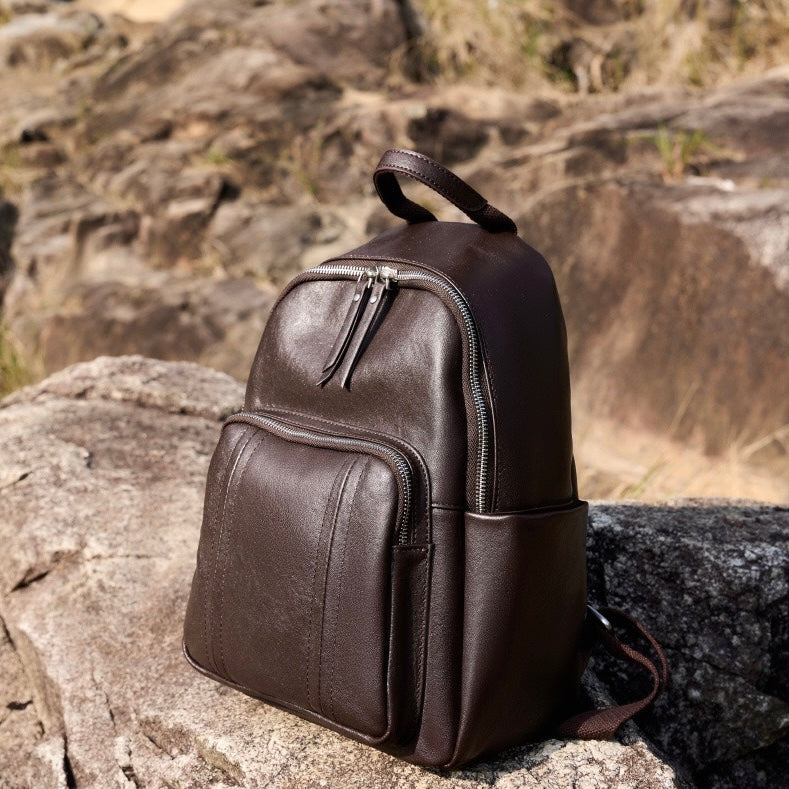 Women's Genuine Leather Large Capacity Backpack with Multiple Pockets