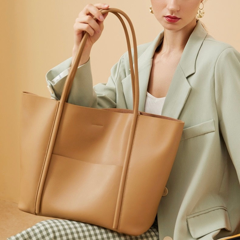 Women's Genuine Leather Summer Tote Bag with Zipper Compartments