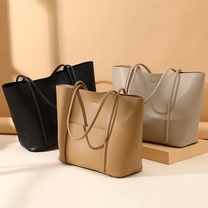 Women's Genuine Leather Summer Tote Bag with Zipper Compartments