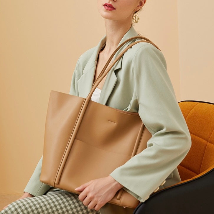 Women's Genuine Leather Summer Tote Bag with Zipper Compartments