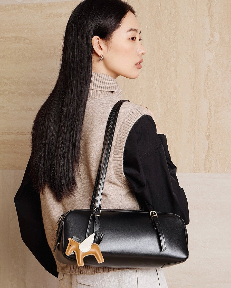 Women's Genuine Leather Retro Bowling Shoulder Bag with Horse Charm