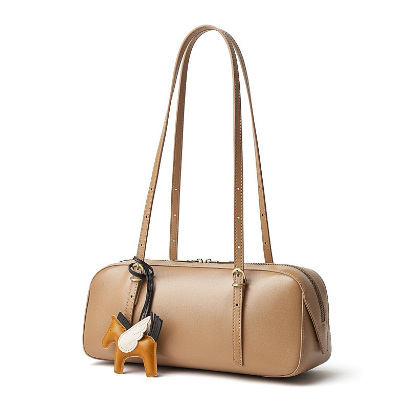 Women's Genuine Leather Retro Bowling Shoulder Bag with Horse Charm
