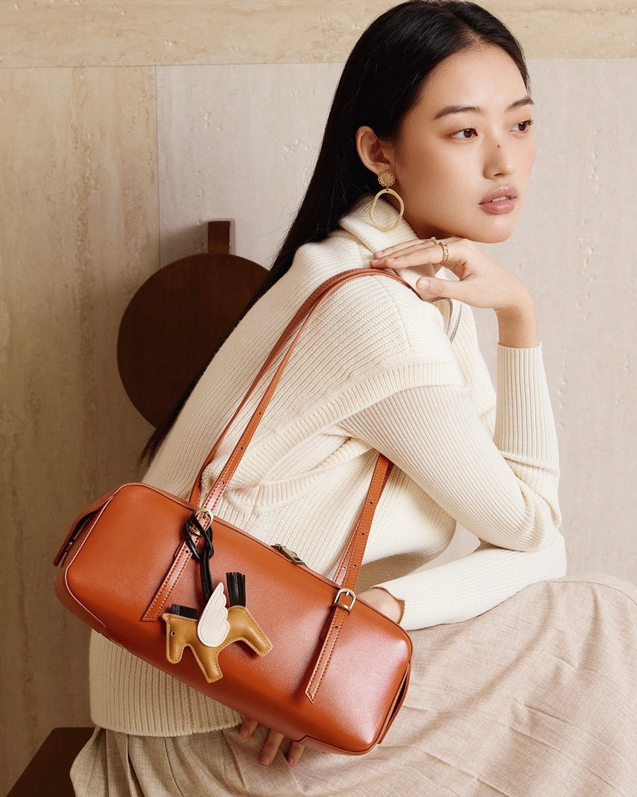 Women's Genuine Leather Retro Bowling Shoulder Bag with Horse Charm