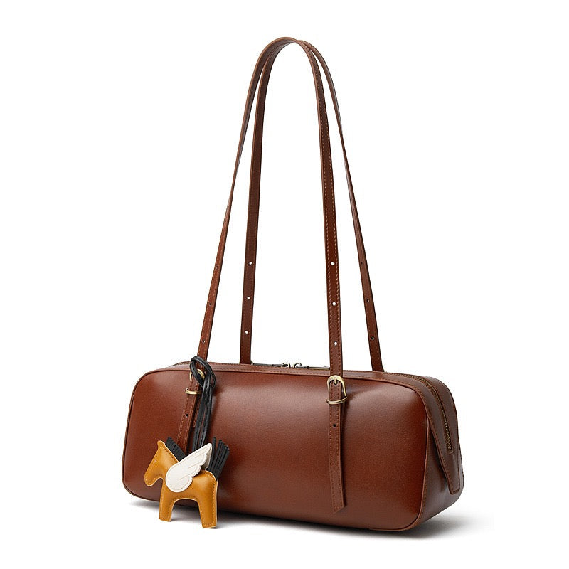 Women's Genuine Leather Retro Bowling Shoulder Bag with Horse Charm