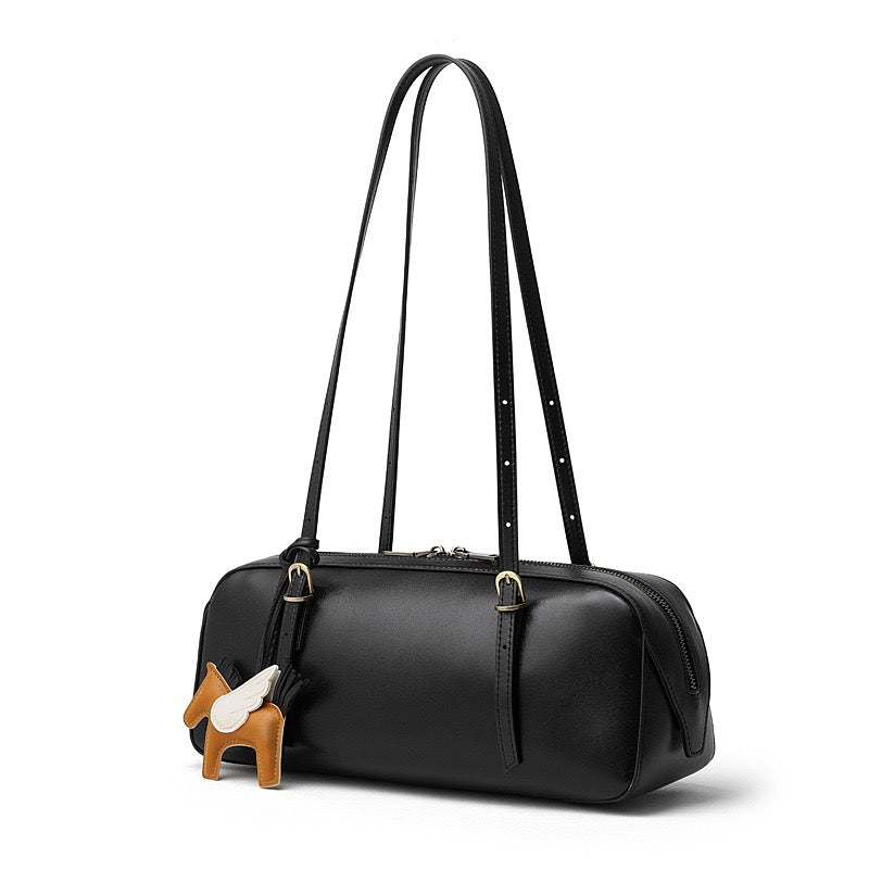 Women's Genuine Leather Retro Bowling Shoulder Bag with Horse Charm