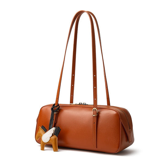 Women's Genuine Leather Retro Bowling Shoulder Bag with Horse Charm