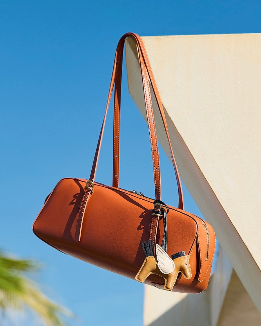 Women's Genuine Leather Retro Bowling Shoulder Bag with Horse Charm
