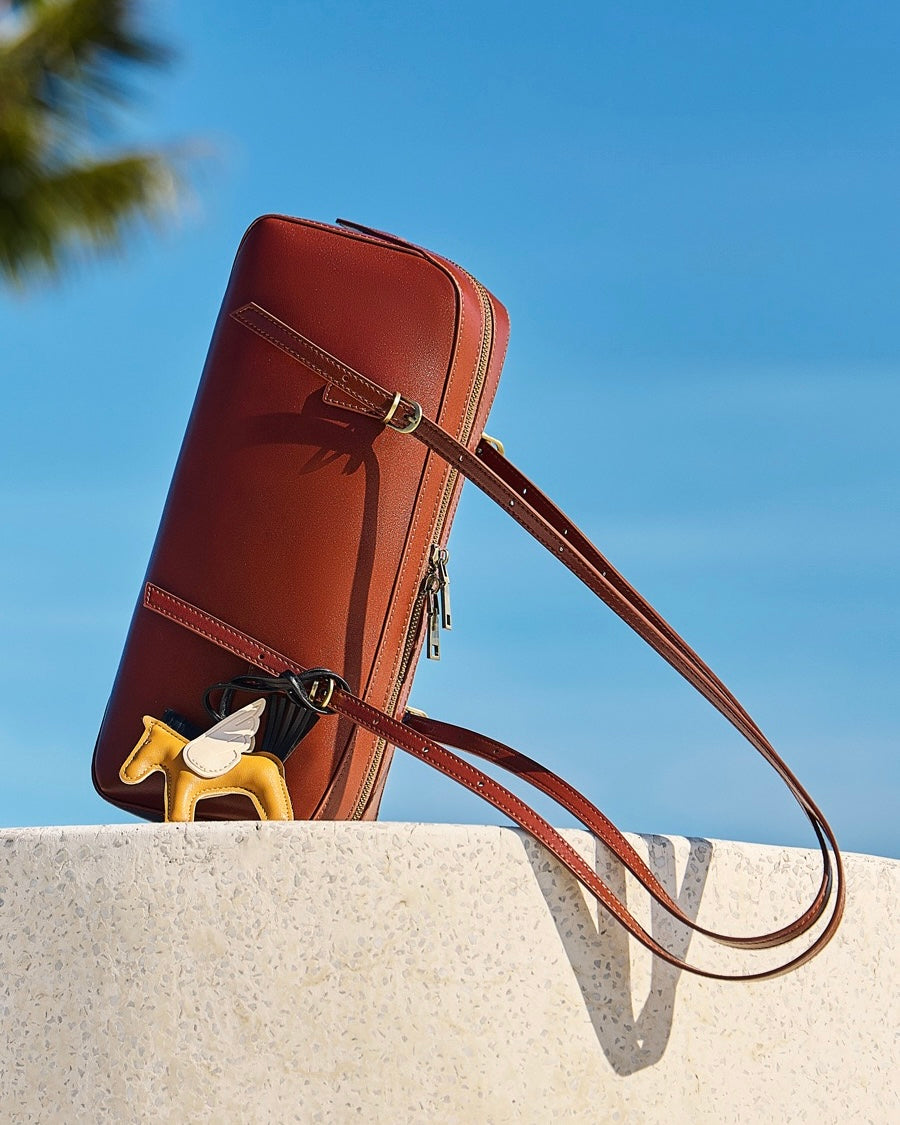 Women's Genuine Leather Retro Bowling Shoulder Bag with Horse Charm
