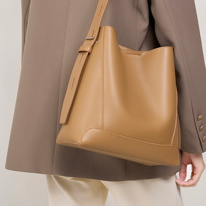 Women's Genuine Leather Oversized Bucket Bag with Adjustable Crossbody Strap