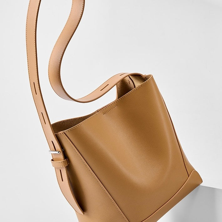 Women's Genuine Leather Oversized Bucket Bag with Adjustable Crossbody Strap