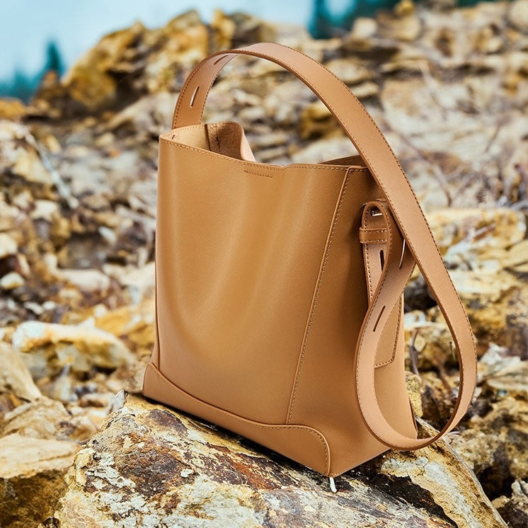 Women's Genuine Leather Oversized Bucket Bag with Adjustable Crossbody Strap