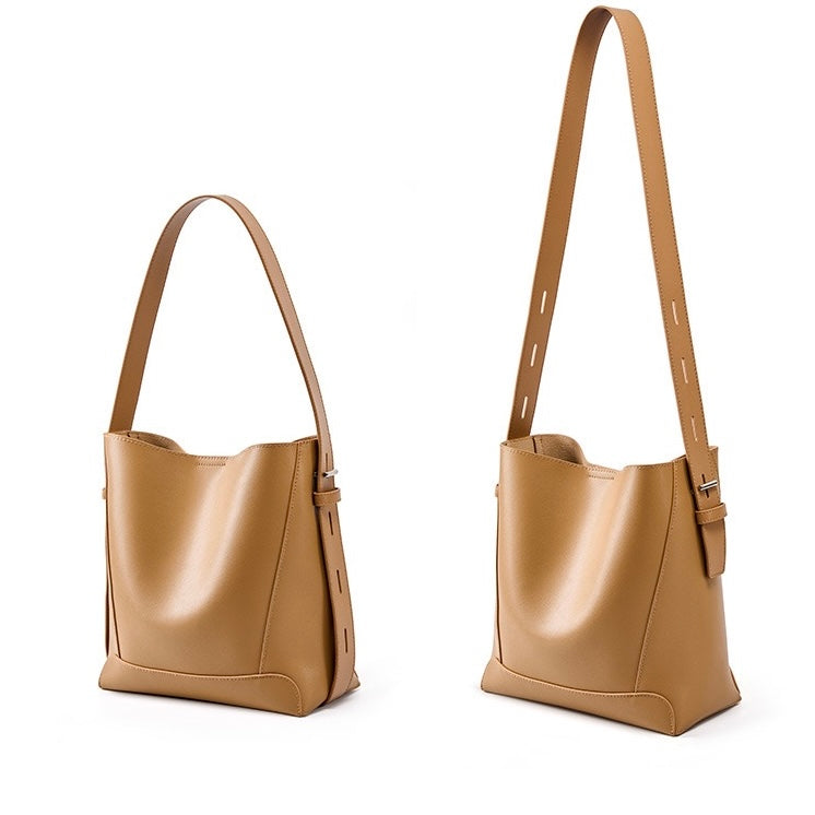 Women's Genuine Leather Oversized Bucket Bag with Adjustable Crossbody Strap