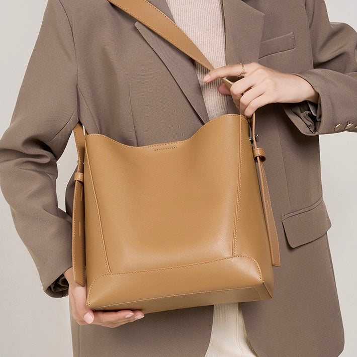 Women's Genuine Leather Oversized Bucket Bag with Adjustable Crossbody Strap