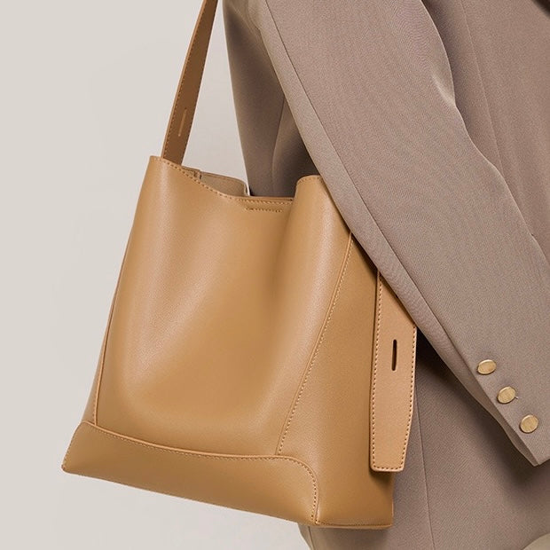 Women's Genuine Leather Oversized Bucket Bag with Adjustable Crossbody Strap