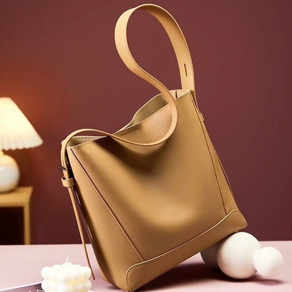 Women's Genuine Leather Oversized Bucket Bag with Adjustable Crossbody Strap