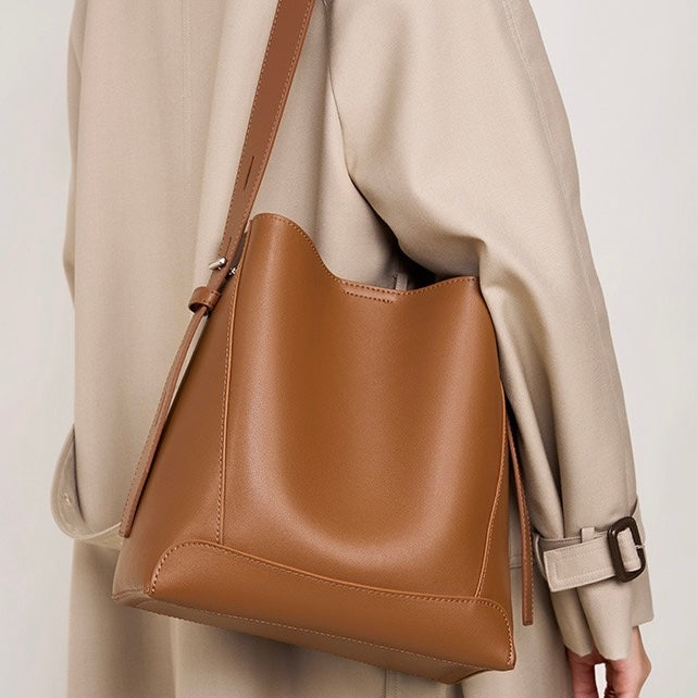 Women's Genuine Leather Oversized Bucket Bag with Adjustable Crossbody Strap