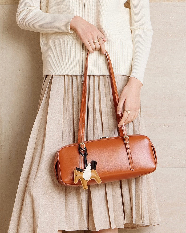 Women's Genuine Leather Retro Bowling Shoulder Bag with Horse Charm