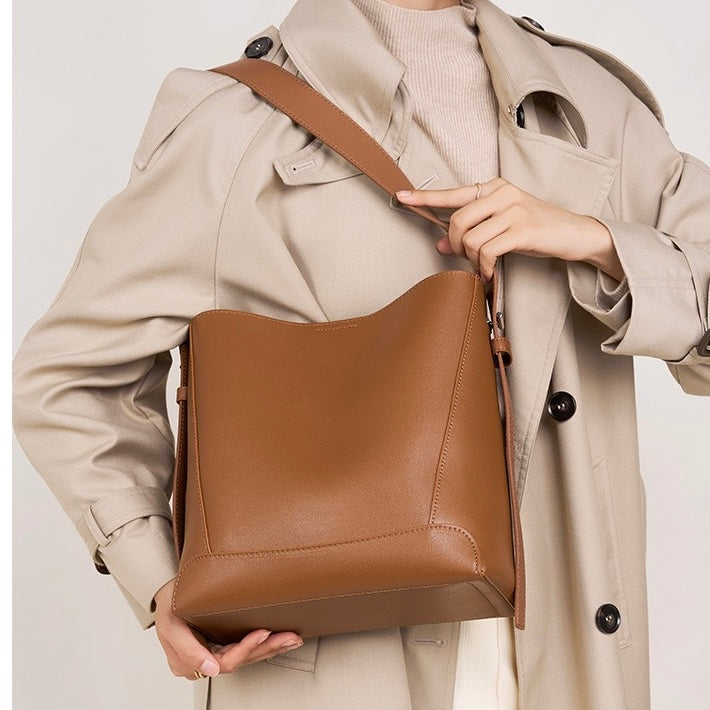 Women's Genuine Leather Oversized Bucket Bag with Adjustable Crossbody Strap