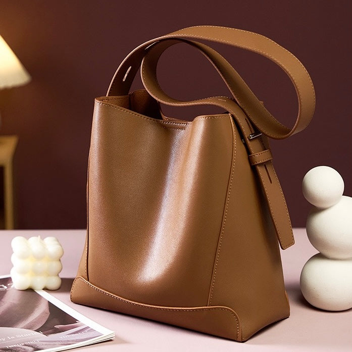 Women's Genuine Leather Oversized Bucket Bag with Adjustable Crossbody Strap