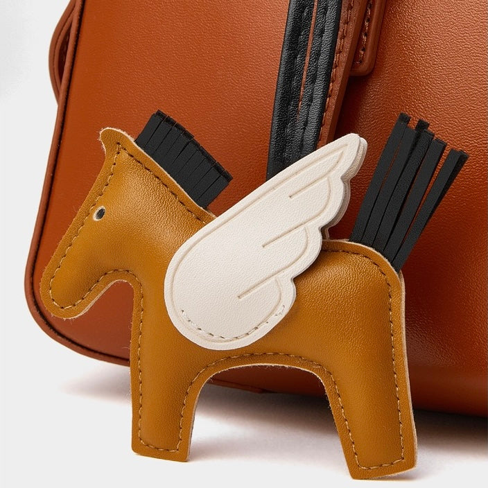 Women's Genuine Leather Retro Bowling Shoulder Bag with Horse Charm