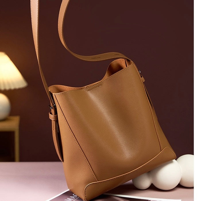 Women's Genuine Leather Oversized Bucket Bag with Adjustable Crossbody Strap