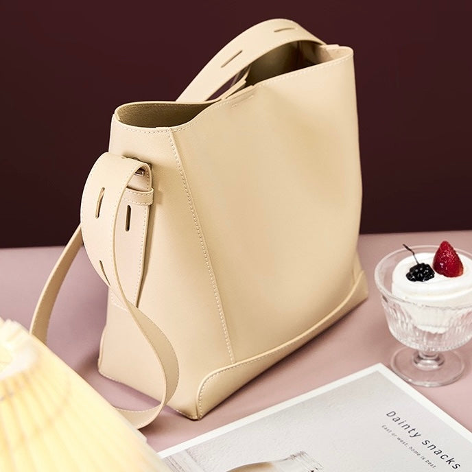 Women's Genuine Leather Oversized Bucket Bag with Adjustable Crossbody Strap