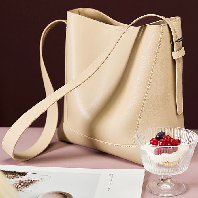 Women's Genuine Leather Oversized Bucket Bag with Adjustable Crossbody Strap