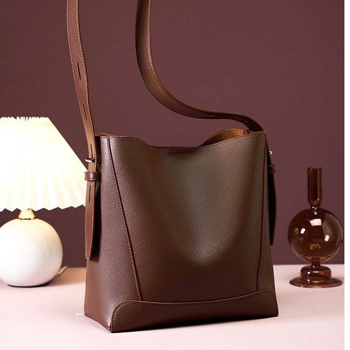 Women's Genuine Leather Oversized Bucket Bag with Adjustable Crossbody Strap