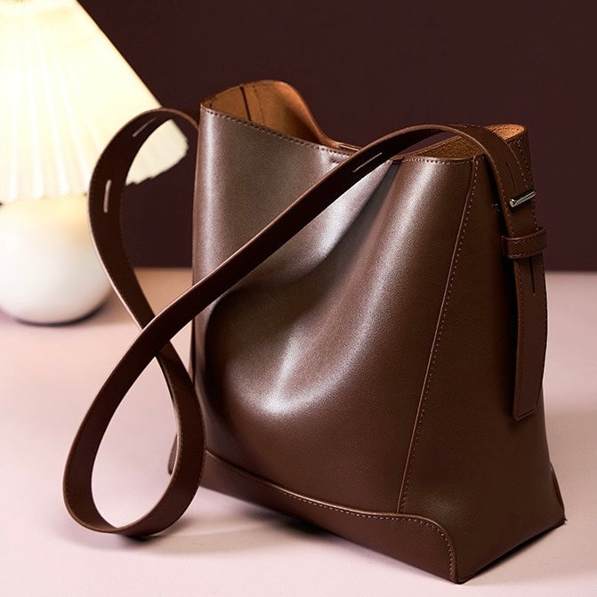 Women's Genuine Leather Oversized Bucket Bag with Adjustable Crossbody Strap