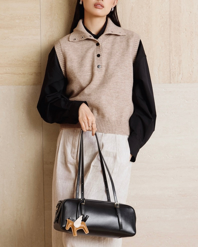 Women's Genuine Leather Retro Bowling Shoulder Bag with Horse Charm