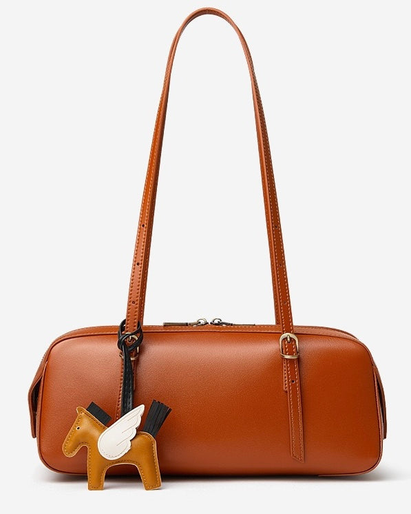Women's Genuine Leather Retro Bowling Shoulder Bag with Horse Charm