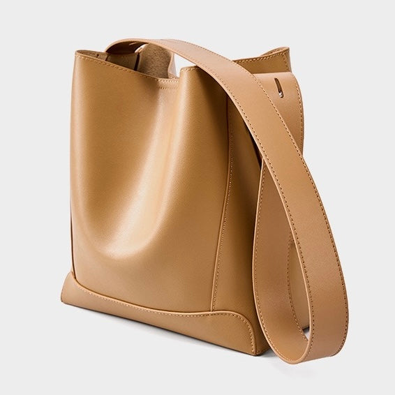 Women's Genuine Leather Oversized Bucket Bag with Adjustable Crossbody Strap