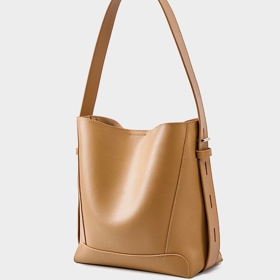 Women's Genuine Leather Oversized Bucket Bag with Adjustable Crossbody Strap