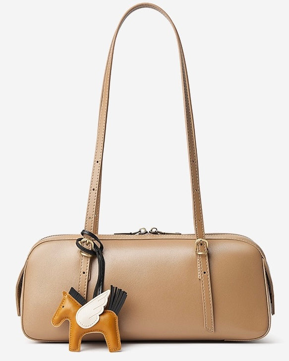 Women's Genuine Leather Retro Bowling Shoulder Bag with Horse Charm