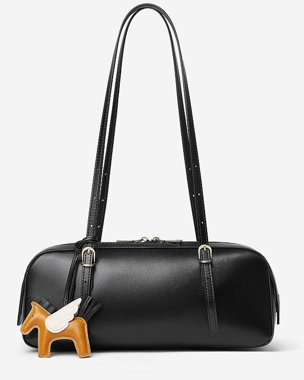 Women's Genuine Leather Retro Bowling Shoulder Bag with Horse Charm