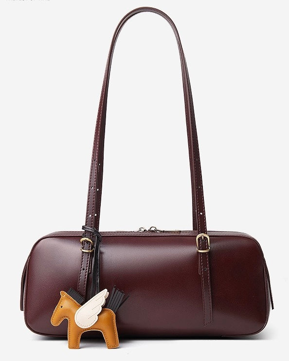 Women's Genuine Leather Retro Bowling Shoulder Bag with Horse Charm