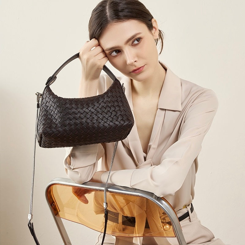 Women's Genuine Sheepskin Leather Woven Dumpling Clutch Bag with Chain Strap