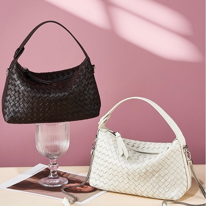 Women's Genuine Sheepskin Leather Woven Dumpling Clutch Bag with Chain Strap