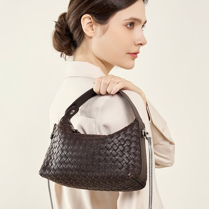 Women's Genuine Sheepskin Leather Woven Dumpling Clutch Bag with Chain Strap