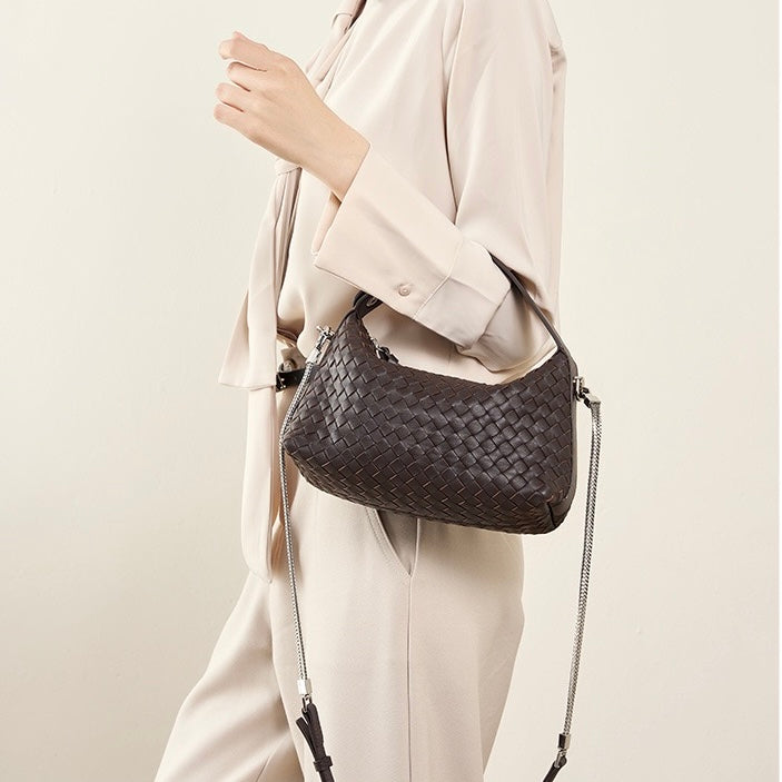 Women's Genuine Sheepskin Leather Woven Dumpling Clutch Bag with Chain Strap