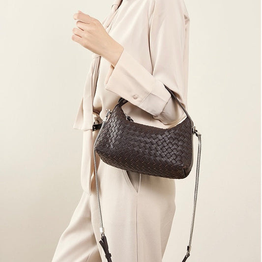 Women's Genuine Sheepskin Leather Woven Dumpling Clutch Bag with Chain Strap